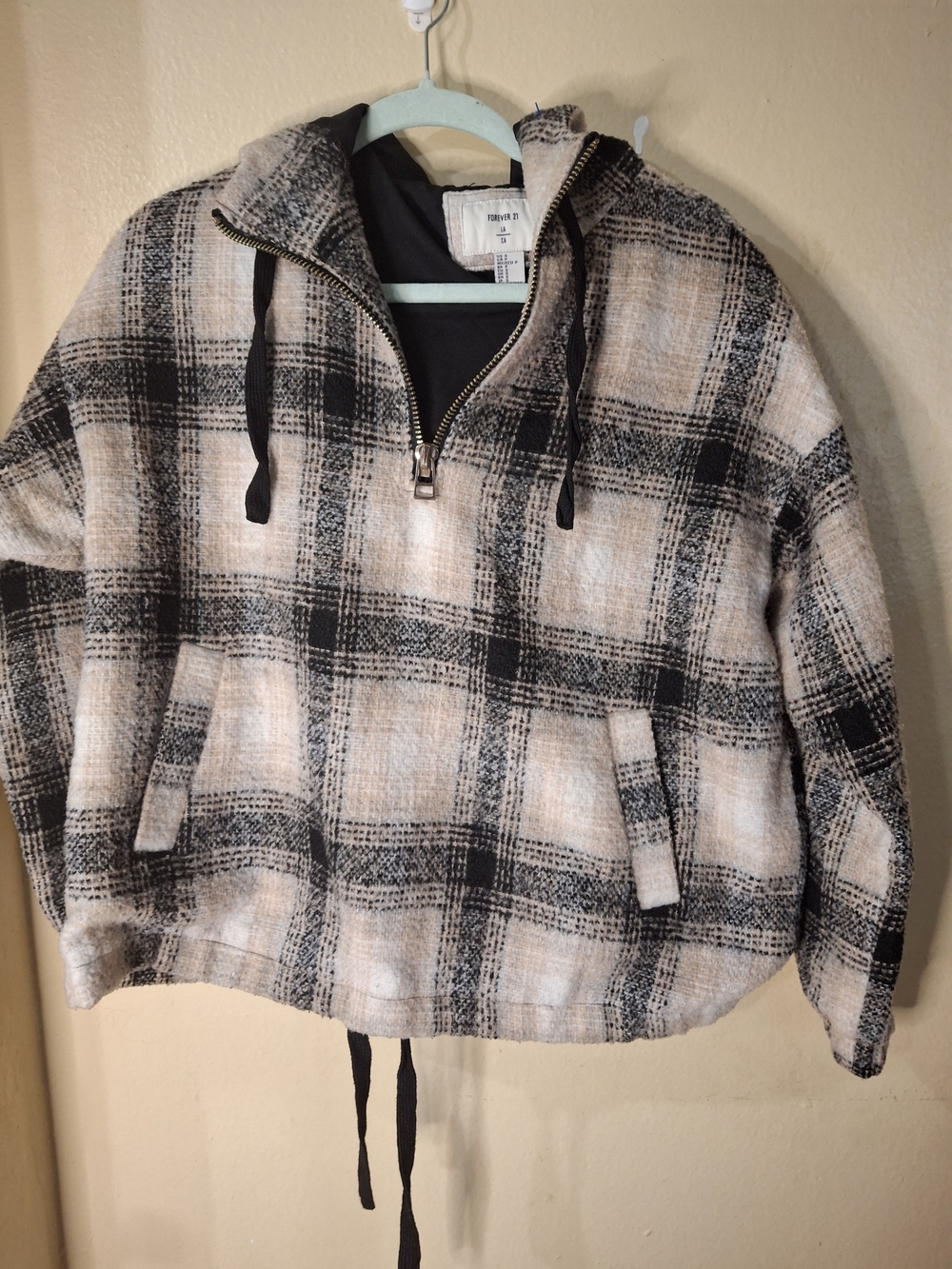 Forever 21 Plaid Half-Zip Hooded Pullover Jacket - Beige & Black